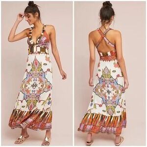 Cleobella Boho Maxi Dress Mosaic Print Ruffle V-Neck Sleeveless White M